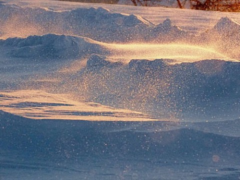 朝陽に染まる吹雪く粒子