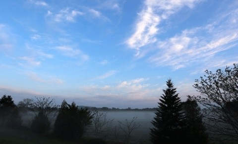 河川敷の朝霧と青空