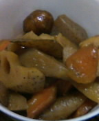 栗入り根菜の醤油炒り煮。