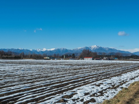 厳しい冷え込みで快晴・・中札内村の農村風景と日高山脈