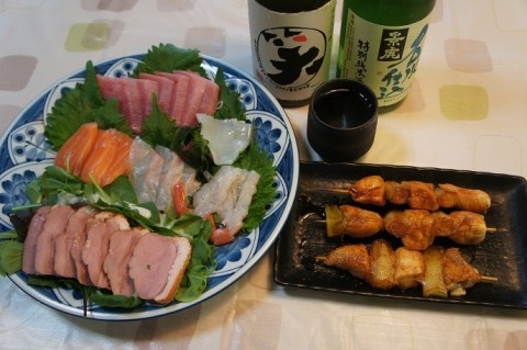 越乃景虎&まるわらい～刺身盛り合わせ&自家製焼き鳥