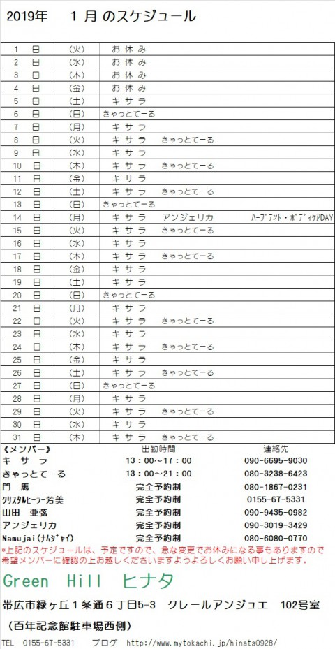 1月のスケジュール