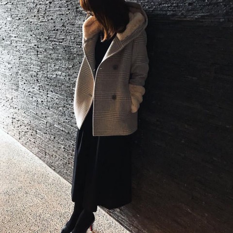 グレンチェックハーフコート着用写真