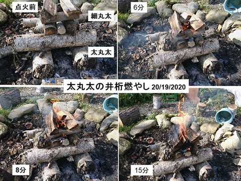たき火の知恵(2) 太丸太も井桁で