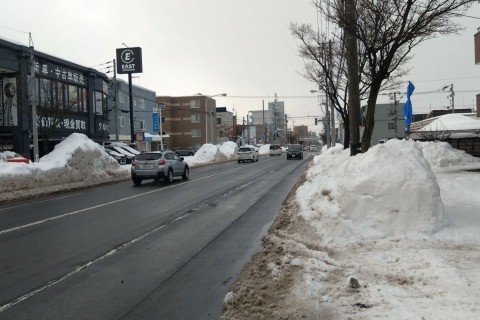 暖気の一月末 歩道の雪解け